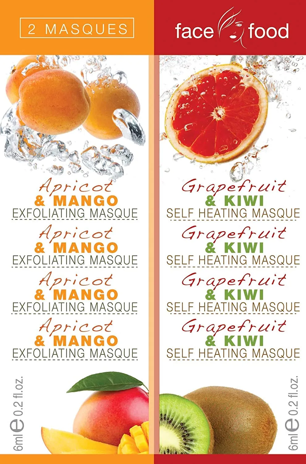 7th Heaven Face Food Twin Masks - Apricot & Mango Exfoliating Mask 6ml and Self Heat Mask Grapefruit & Kiwi, 6ml