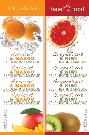 7th Heaven Face Food Twin Masks - Apricot & Mango Exfoliating Mask 6ml and Self Heat Mask Grapefruit & Kiwi, 6ml