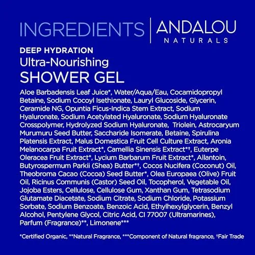 Andalou Naturals Body Wash, Deep Hydration Shower Gel, Ultra-Nourishing Skin Care for Dry Skin with Hyaluronic Acid & Ceramides, Gentle Exfoliating Body Wash for Softer, Glowing Skin, 8.5 fl oz